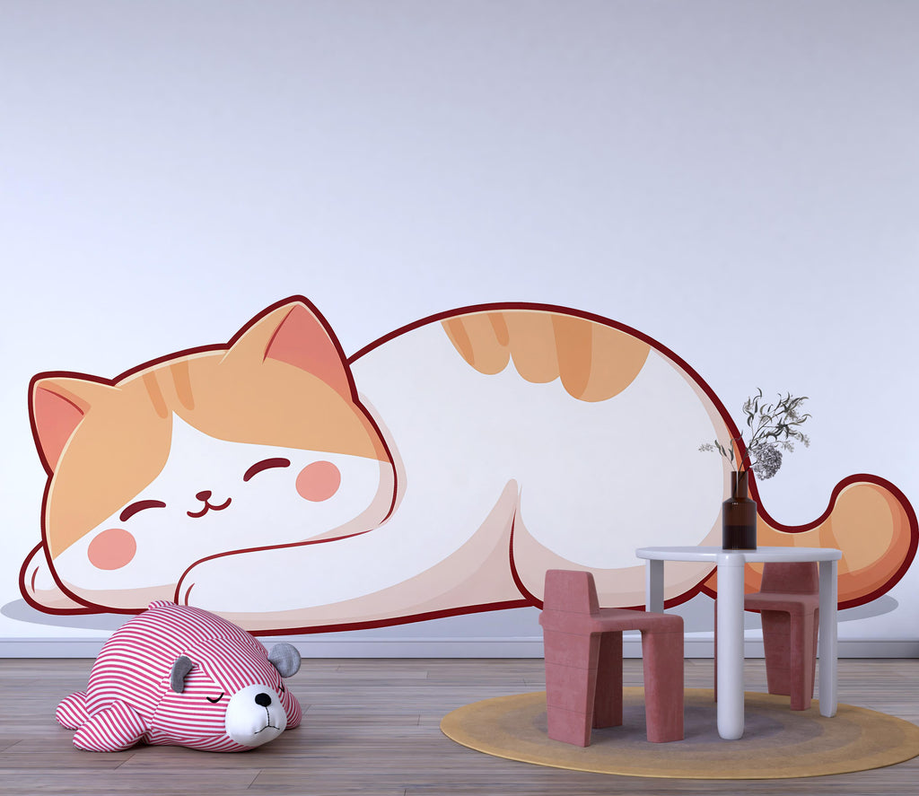 Kawaii Sleeping Cat Wall Decal For Nursery Or Kids Room, Cute Cat Wall Sticker, Baby Animal Nursery Wall Art, Peel And Stick Decor