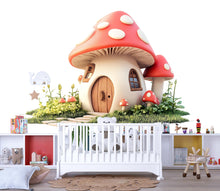 Load image into Gallery viewer, Kawaii Mushroom House Wall Decal, Fairy Cottage Wall Sticker, Whimsical Nursery Wall Art, Storybook Kids Room Decor, Peel And Stick Decal