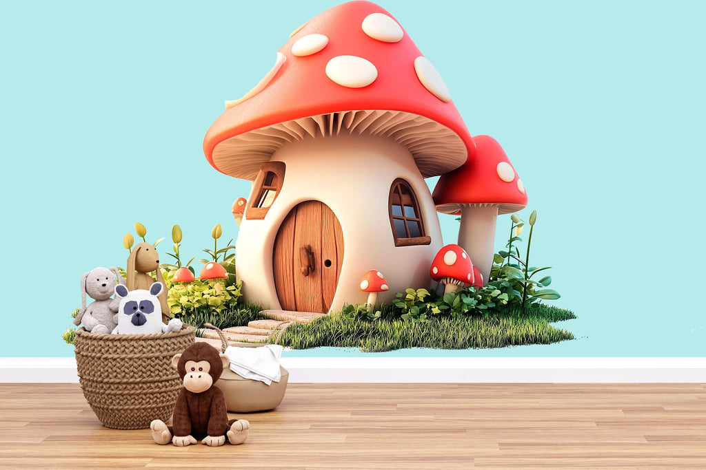 Kawaii Mushroom House Wall Decal, Fairy Cottage Wall Sticker, Whimsical Nursery Wall Art, Storybook Kids Room Decor, Peel And Stick Decal