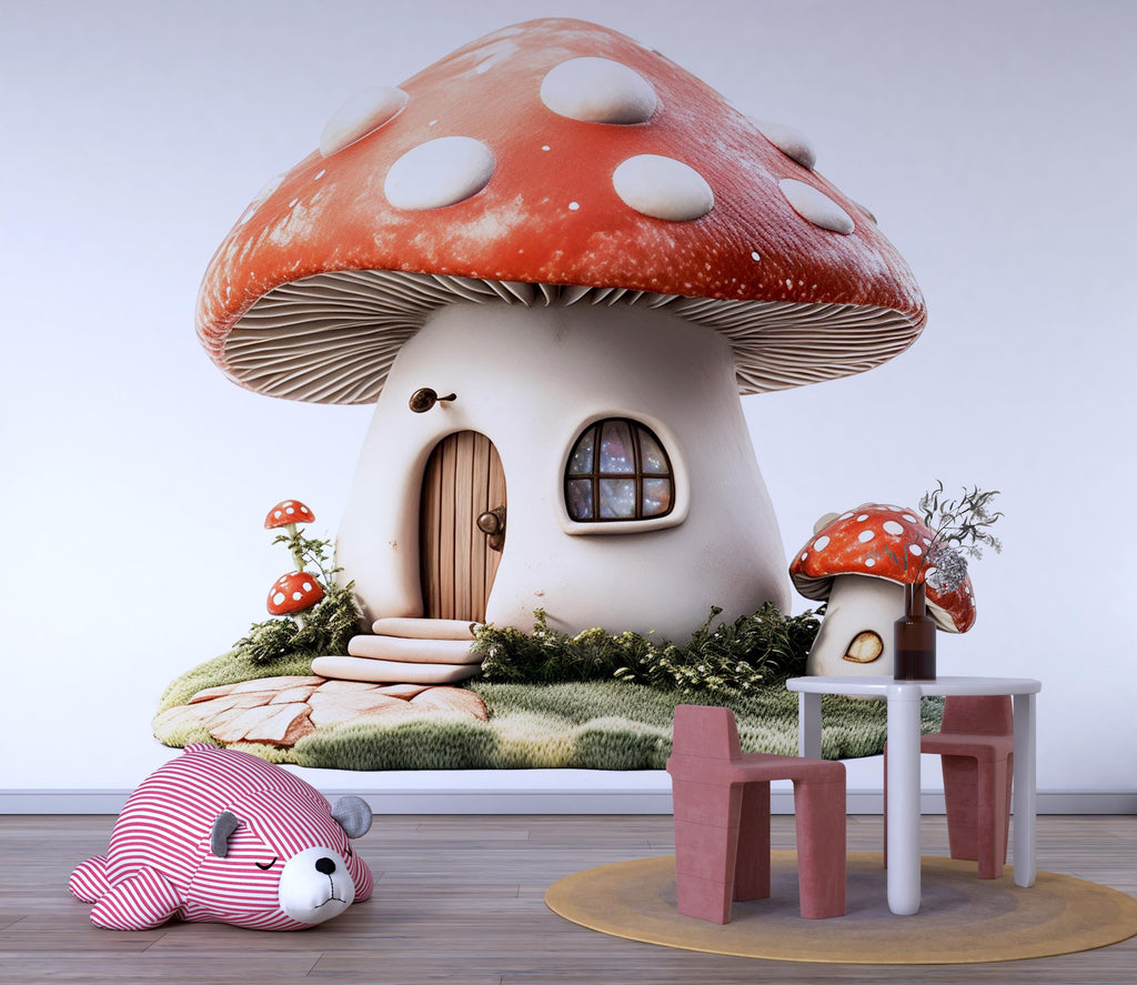 Kawaii Mushroom House Wall Decal, Fairy Nursery Wall Sticker, Woodland Kids Room Decor, Storybook Mushroom Wall Art, Peel And Stick Nursery