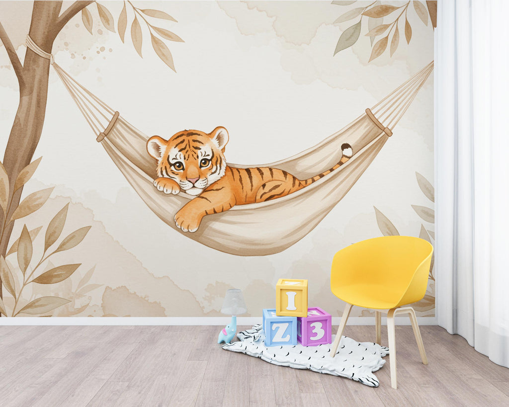 Baby Tiger Nursery Wall Art, Watercolor Jungle Animal Print, Cute Tiger Cub Illustration, Neutral Safari Nursery Decor, Kids Room Art 196DE