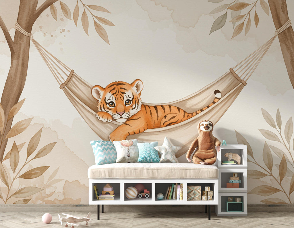 Baby Tiger Nursery Wall Art, Watercolor Jungle Animal Print, Cute Tiger Cub Illustration, Neutral Safari Nursery Decor, Kids Room Art 196DE