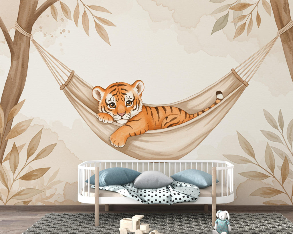 Baby Tiger Nursery Wall Art, Watercolor Jungle Animal Print, Cute Tiger Cub Illustration, Neutral Safari Nursery Decor, Kids Room Art 196DE