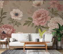 Load image into Gallery viewer, Oversized Floral Wallpaper Mural, Botanical Garden Wall Art, Peony and Anemone Flowers, Dusty Pink Neutral Floral Decor, Hand Painted 197DE