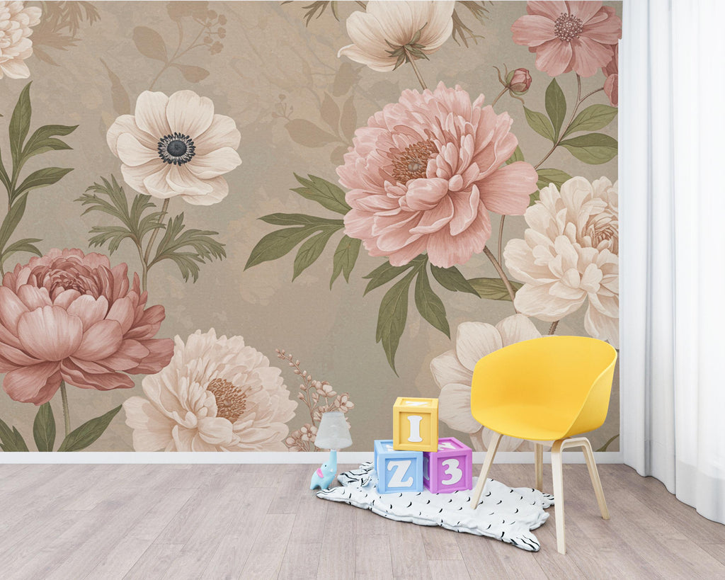 Oversized Floral Wallpaper Mural, Botanical Garden Wall Art, Peony and Anemone Flowers, Dusty Pink Neutral Floral Decor, Hand Painted 197DE