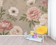 Load image into Gallery viewer, Oversized Floral Wallpaper Mural, Botanical Garden Wall Art, Peony and Anemone Flowers, Dusty Pink Neutral Floral Decor, Hand Painted 197DE