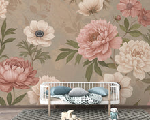 Load image into Gallery viewer, Oversized Floral Wallpaper Mural, Botanical Garden Wall Art, Peony and Anemone Flowers, Dusty Pink Neutral Floral Decor, Hand Painted 197DE