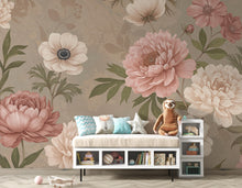 Load image into Gallery viewer, Oversized Floral Wallpaper Mural, Botanical Garden Wall Art, Peony and Anemone Flowers, Dusty Pink Neutral Floral Decor, Hand Painted 197DE