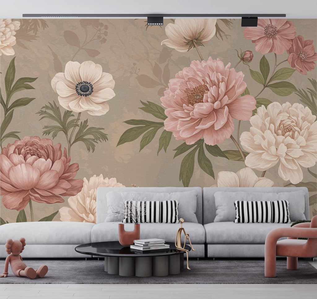 Oversized Floral Wallpaper Mural, Botanical Garden Wall Art, Peony and Anemone Flowers, Dusty Pink Neutral Floral Decor, Hand Painted 197DE