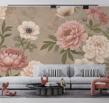 Load image into Gallery viewer, Oversized Floral Wallpaper Mural, Botanical Garden Wall Art, Peony and Anemone Flowers, Dusty Pink Neutral Floral Decor, Hand Painted 197DE