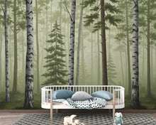 Load image into Gallery viewer, Misty Forest Wallpaper Mural, Birch and Pine Tree Wall Art, Neutral Green Woodland Decor, Scandinavian Nature Mural, Hand Painted 198DE