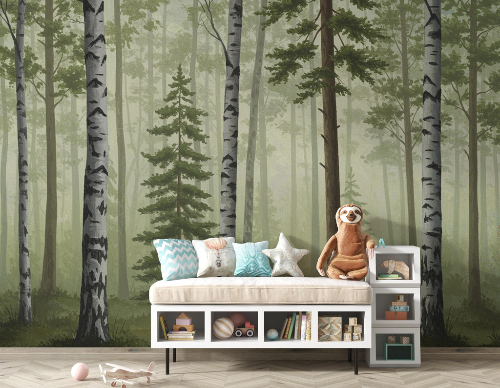 Misty Forest Wallpaper Mural, Birch and Pine Tree Wall Art, Neutral Green Woodland Decor, Scandinavian Nature Mural, Hand Painted 198DE