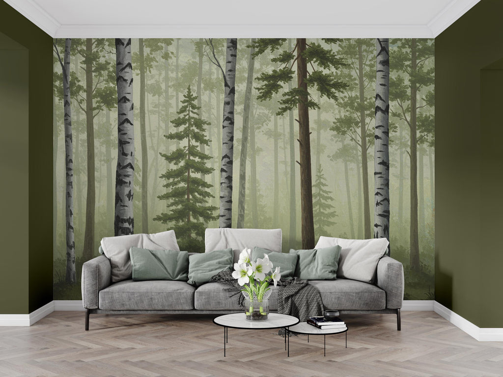 Misty Forest Wallpaper Mural, Birch and Pine Tree Wall Art, Neutral Green Woodland Decor, Scandinavian Nature Mural, Hand Painted 198DE