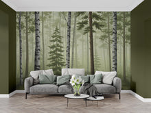 Load image into Gallery viewer, Misty Forest Wallpaper Mural, Birch and Pine Tree Wall Art, Neutral Green Woodland Decor, Scandinavian Nature Mural, Hand Painted 198DE