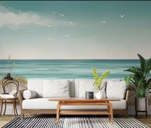 Load image into Gallery viewer, Coastal Wallpaper Mural, Minimalist Ocean Landscape Wall Art, Neutral Beach Decor in Soft Turquoise Beige, Seascape Mural 199DE