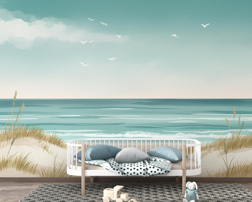Coastal Wallpaper Mural, Minimalist Ocean Landscape Wall Art, Neutral Beach Decor in Soft Turquoise Beige, Seascape Mural 199DE