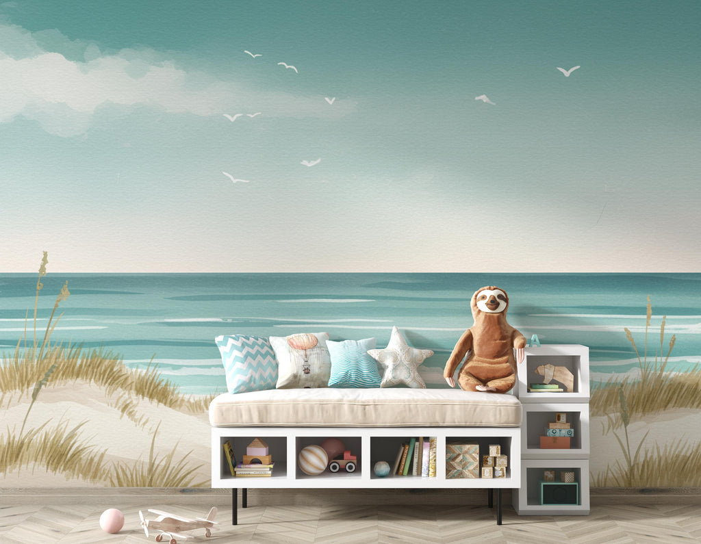 Coastal Wallpaper Mural, Minimalist Ocean Landscape Wall Art, Neutral Beach Decor in Soft Turquoise Beige, Seascape Mural 199DE