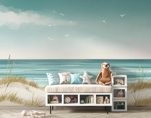 Load image into Gallery viewer, Coastal Wallpaper Mural, Minimalist Ocean Landscape Wall Art, Neutral Beach Decor in Soft Turquoise Beige, Seascape Mural 199DE
