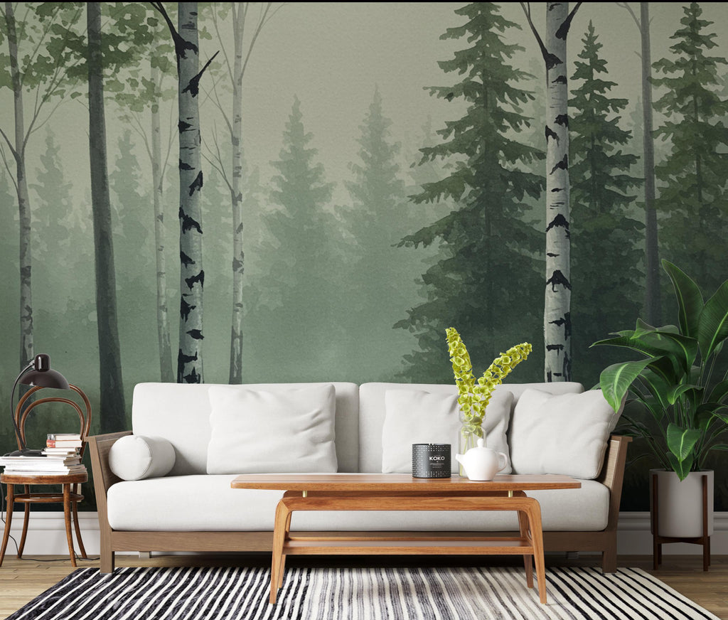 Misty Forest Wallpaper Mural, Watercolor Birch and Spruce Trees, Neutral Green Woodland Wall Art Scandinavian Nature Decor Calm Forest 200DE