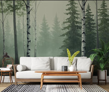 Load image into Gallery viewer, Misty Forest Wallpaper Mural, Watercolor Birch and Spruce Trees, Neutral Green Woodland Wall Art Scandinavian Nature Decor Calm Forest 200DE