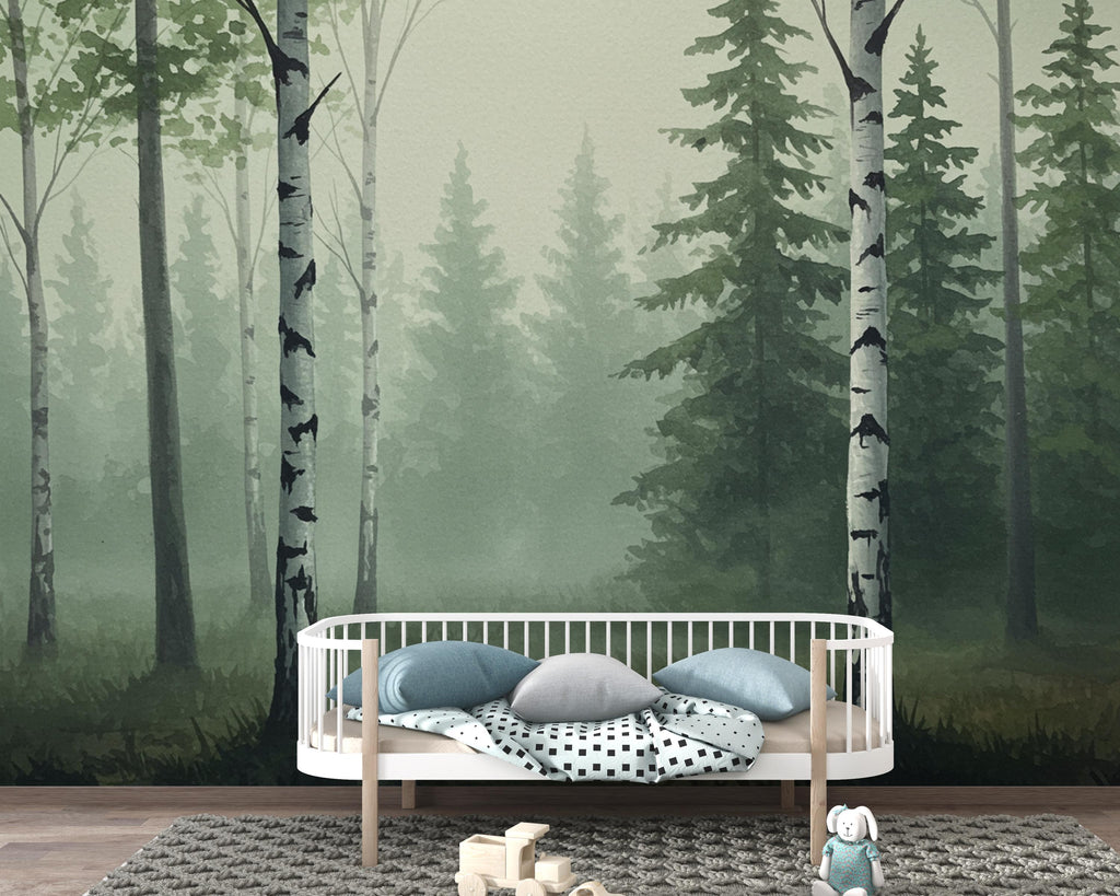 Misty Forest Wallpaper Mural, Watercolor Birch and Spruce Trees, Neutral Green Woodland Wall Art Scandinavian Nature Decor Calm Forest 200DE