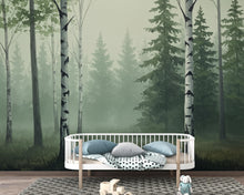 Load image into Gallery viewer, Misty Forest Wallpaper Mural, Watercolor Birch and Spruce Trees, Neutral Green Woodland Wall Art Scandinavian Nature Decor Calm Forest 200DE