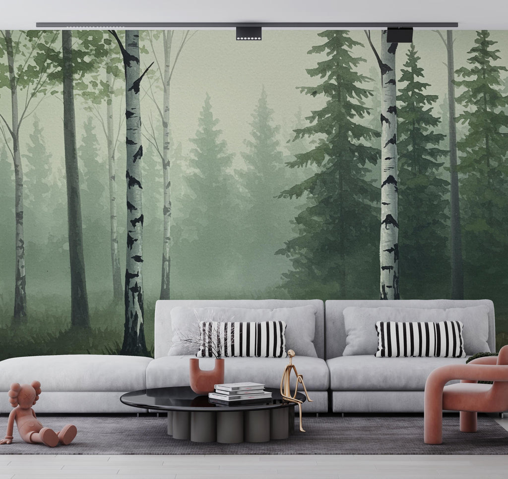 Misty Forest Wallpaper Mural, Watercolor Birch and Spruce Trees, Neutral Green Woodland Wall Art Scandinavian Nature Decor Calm Forest 200DE