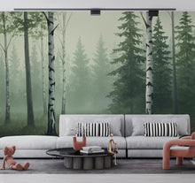 Load image into Gallery viewer, Misty Forest Wallpaper Mural, Watercolor Birch and Spruce Trees, Neutral Green Woodland Wall Art Scandinavian Nature Decor Calm Forest 200DE