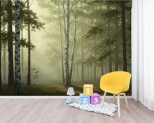 Load image into Gallery viewer, Misty Forest Wallpaper Mural, Watercolor Birch and Spruce Trees, Neutral Green Woodland Wall Art Scandinavian Nature Decor Calm Forest 201DE