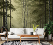 Load image into Gallery viewer, Misty Forest Wallpaper Mural, Watercolor Birch and Spruce Trees, Neutral Green Woodland Wall Art Scandinavian Nature Decor Calm Forest 201DE
