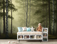Load image into Gallery viewer, Misty Forest Wallpaper Mural, Watercolor Birch and Spruce Trees, Neutral Green Woodland Wall Art Scandinavian Nature Decor Calm Forest 201DE