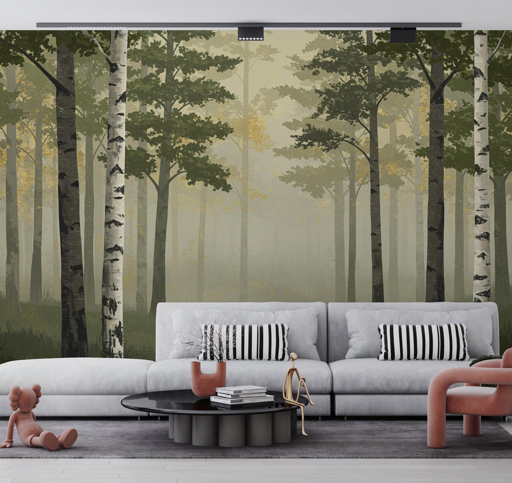 Misty Forest Wallpaper Mural, Watercolor Birch and Spruce Trees, Neutral Green Woodland Wall Art Scandinavian Nature Decor Calm Forest 202DE