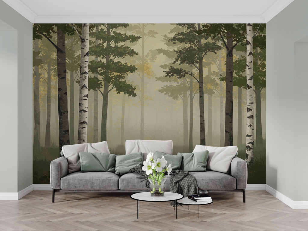 Misty Forest Wallpaper Mural, Watercolor Birch and Spruce Trees, Neutral Green Woodland Wall Art Scandinavian Nature Decor Calm Forest 202DE