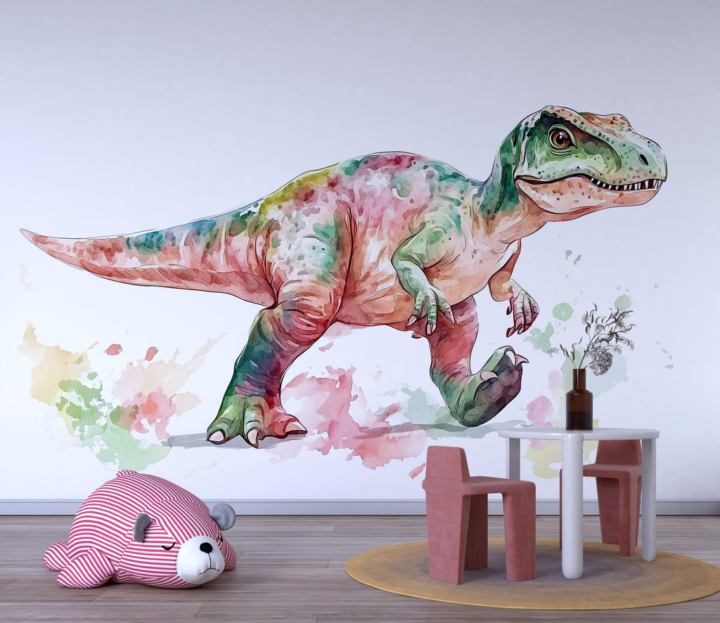 Watercolor Dinosaur Wall Decal | Colorful Kids Room Wall Sticker | Nursery Dino Mural | Large Removable T-Rex Art for Playroom & Baby Room