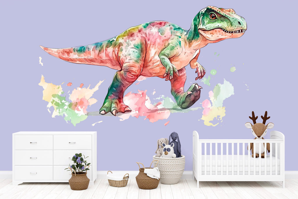 Watercolor Dinosaur Wall Decal | Colorful Kids Room Wall Sticker | Nursery Dino Mural | Large Removable T-Rex Art for Playroom & Baby Room