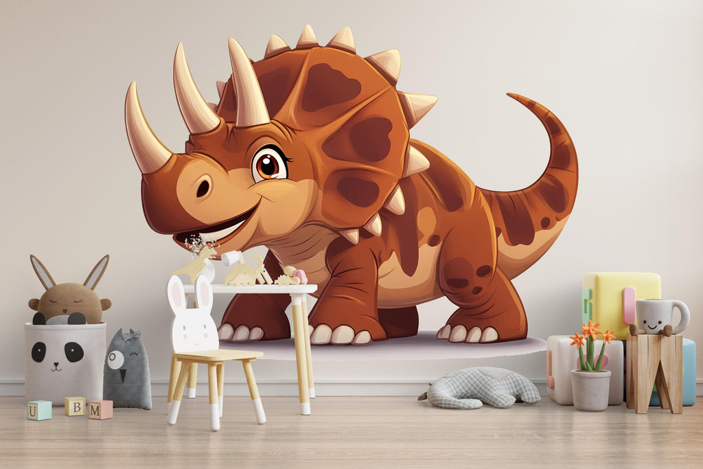 Cute Cartoon Dinosaur Wall Decal for Kids Room | Triceratops Nursery Wall Sticker | Large Removable Dino Mural for Boys Bedroom & Playroom