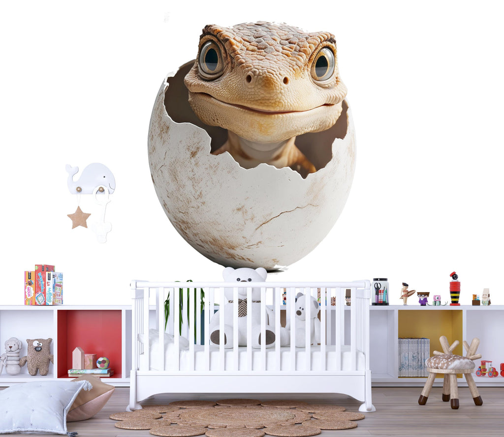Baby Dinosaur Hatching Wall Decal | Cute Dino Nursery Wall Sticker | 3D Realistic Egg Hatch Dino Mural for Kids Room | Removable Nursery
