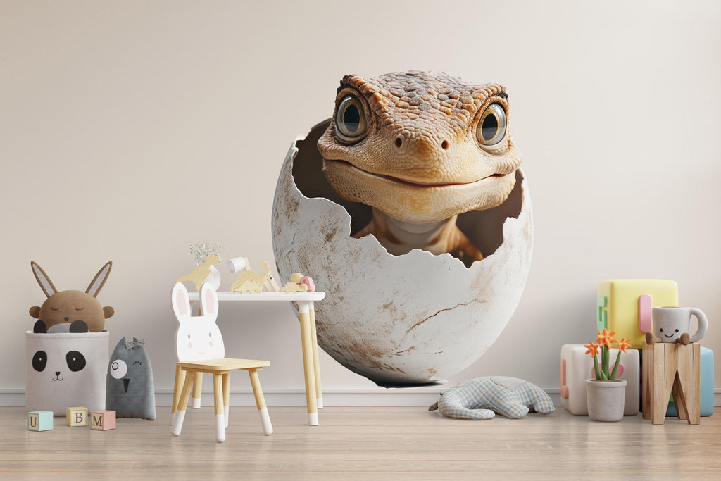 Baby Dinosaur Hatching Wall Decal | Cute Dino Nursery Wall Sticker | 3D Realistic Egg Hatch Dino Mural for Kids Room | Removable Nursery