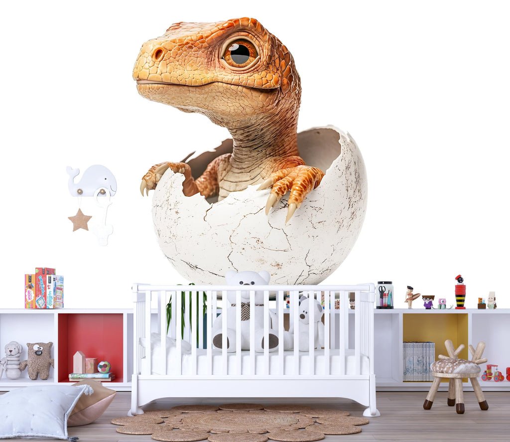 Realistic Baby Dinosaur Hatching Wall Decal | Cute Dino Egg Nursery Wall Sticker | 3D Kids Room Mural | Removable Nursery Decor | Dinosaur