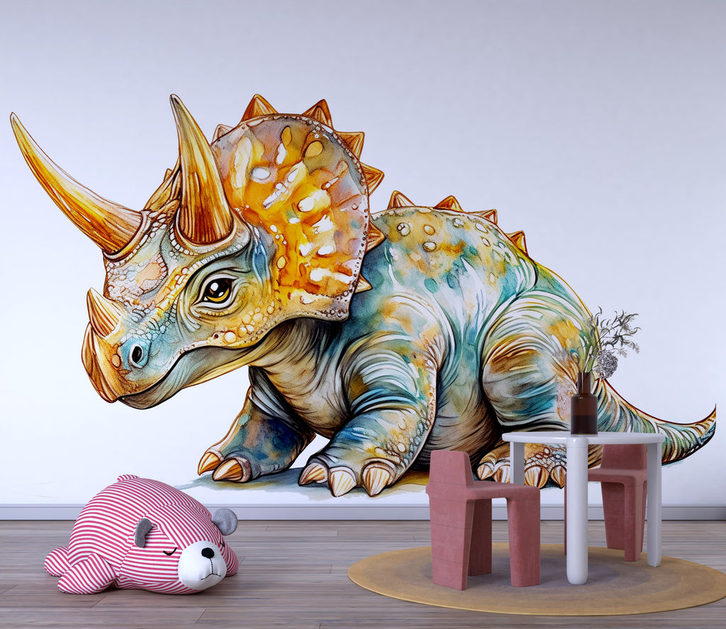 Watercolor Triceratops Dinosaur Wall Decal | Kids Dino Wall Sticker | Nursery Wall Decor | Removable Dinosaur Mural for Boys & Girls Rooms