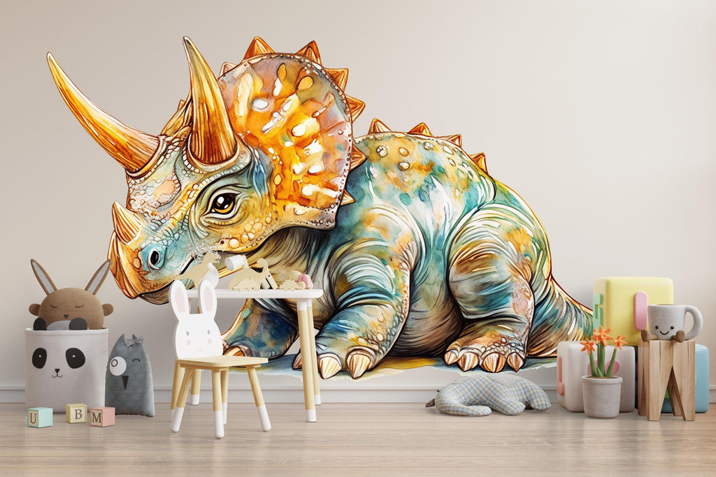 Watercolor Triceratops Dinosaur Wall Decal | Kids Dino Wall Sticker | Nursery Wall Decor | Removable Dinosaur Mural for Boys & Girls Rooms
