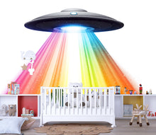 Load image into Gallery viewer, Rainbow UFO Wall Decal | Kids Space Wall Sticker | Alien Spaceship Nursery Decor | Removable Sci-Fi Wall Mural | Colorful Galaxy Beam Art