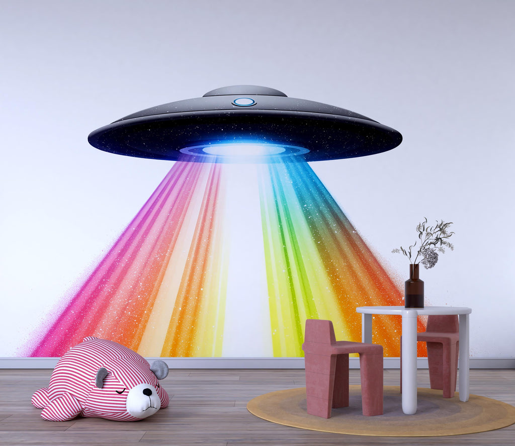 Rainbow UFO Wall Decal | Kids Space Wall Sticker | Alien Spaceship Nursery Decor | Removable Sci-Fi Wall Mural | Colorful Galaxy Beam Art