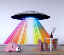Load image into Gallery viewer, Rainbow UFO Wall Decal | Kids Space Wall Sticker | Alien Spaceship Nursery Decor | Removable Sci-Fi Wall Mural | Colorful Galaxy Beam Art