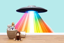 Load image into Gallery viewer, Rainbow UFO Wall Decal | Kids Space Wall Sticker | Alien Spaceship Nursery Decor | Removable Sci-Fi Wall Mural | Colorful Galaxy Beam Art