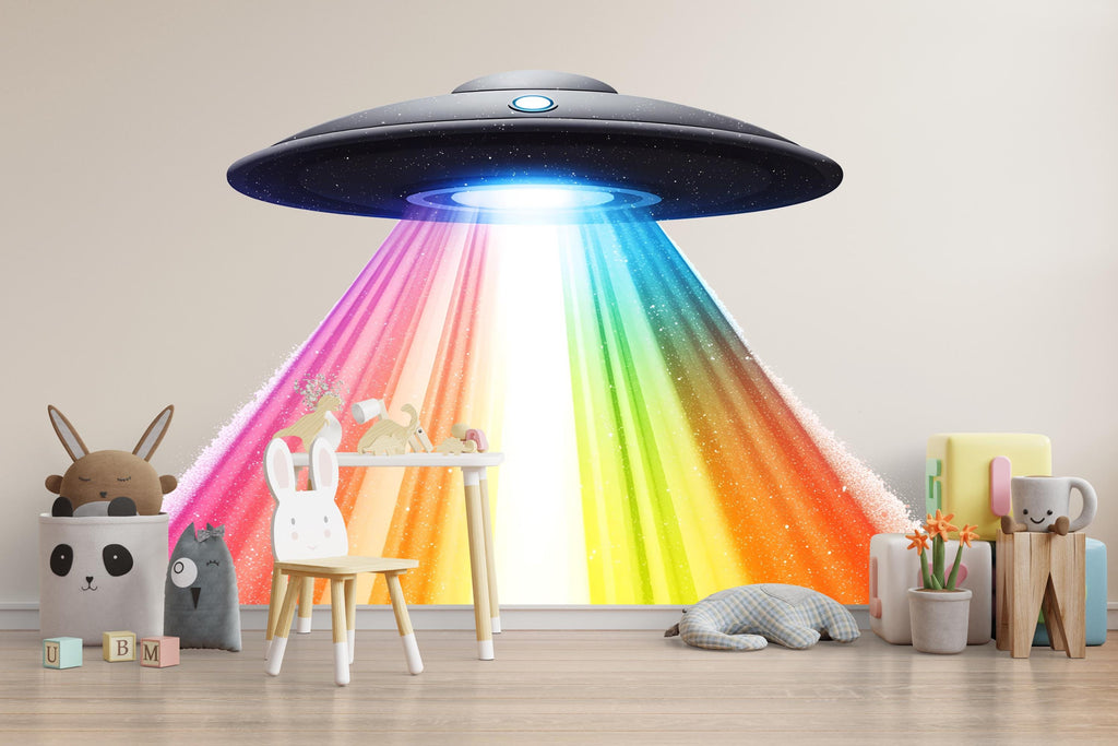 Rainbow UFO Wall Decal | Kids Space Wall Sticker | Alien Spaceship Nursery Decor | Removable Sci-Fi Wall Mural | Colorful Galaxy Beam Art