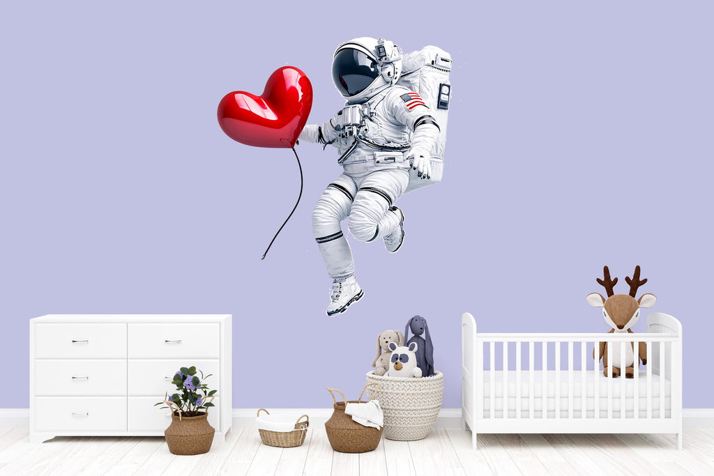 Astronaut Heart Balloon Wall Decal | Space Kids Room Sticker | Cute Floating Astronaut Nursery Decor | Removable Space Wall Art | Playroom
