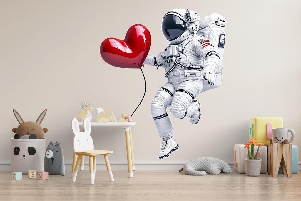 Astronaut Heart Balloon Wall Decal | Space Kids Room Sticker | Cute Floating Astronaut Nursery Decor | Removable Space Wall Art | Playroom