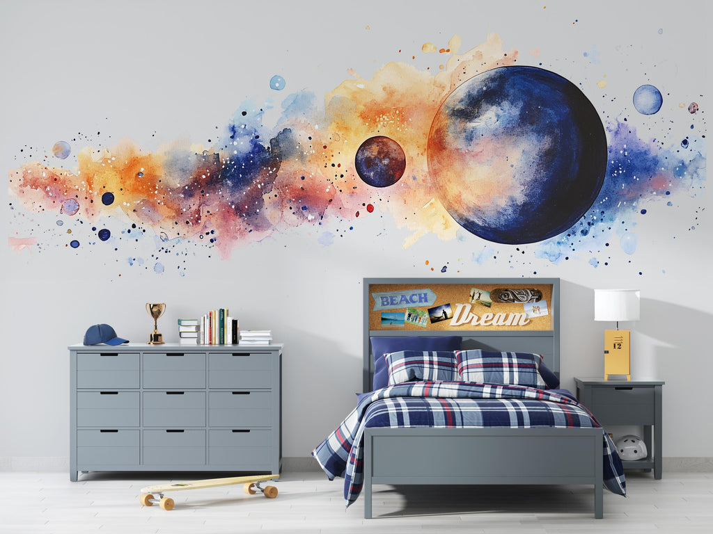 Watercolor Space Planet Wall Decal | Galaxy Kids Room Sticker | Colorful Space Mural for Boys Bedroom | Outer Space Wall Art