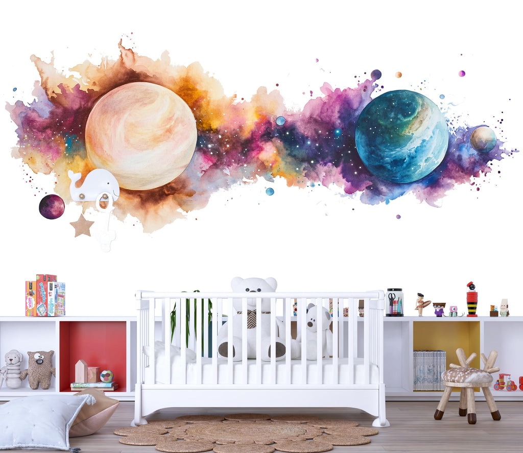 Watercolor Galaxy Planets Wall Decal | Kids Space Room Sticker | Colorful Universe Mural for Nursery & Playroom | Outer Space Wall Art